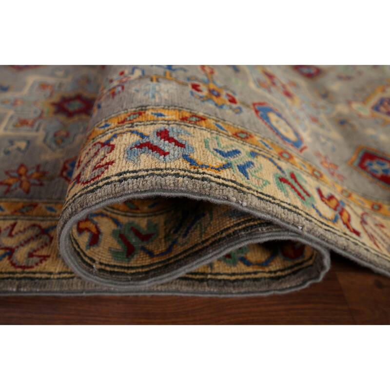 Geometric Kazak Runner Rug Hand-Knotted Grey Wool Carpet - 2'7" x 16'3"