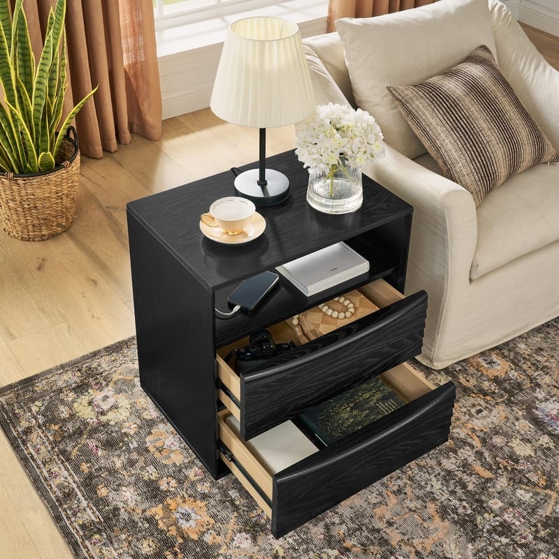 Mid Century Modern Nightstand with Charging Station and Solid Wood Drawers for Versatile Bedroom Use