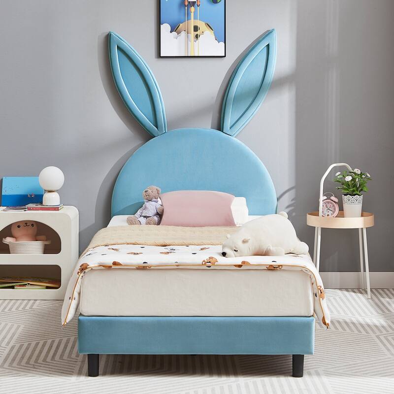 Javlergo Twin Size Kids Bed Frame with Cute Ears Velvet Headboar No Box Spring Required Bed Children's Bed