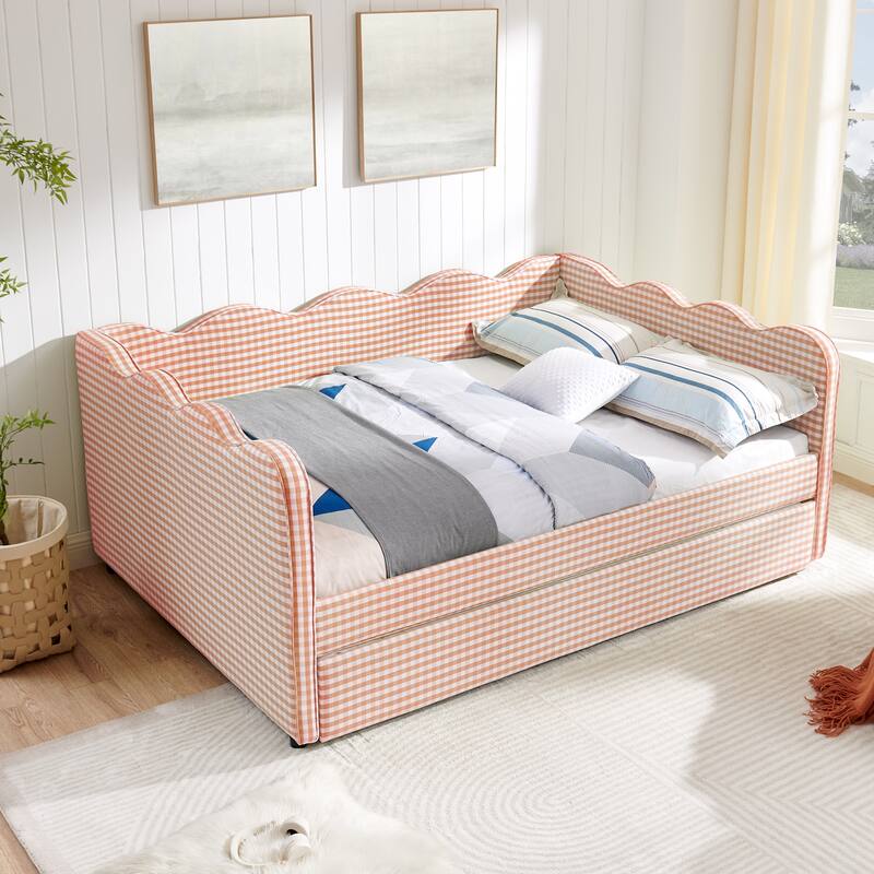 Upholstery Daybed Full Size Sofa Bed with Twin Size Trundle and Charging Ports, Linen Fabric Plaid Pattern and Wavy Silhouette
