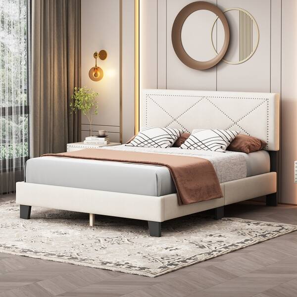 slide 2 of 12, Velvet Queen Platform Bed with Rivet Headboard, Modern Look Beige - Queen