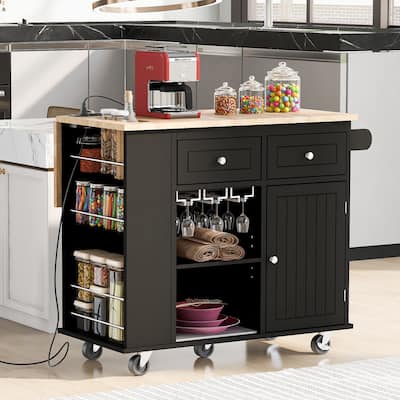 Kitchen Island with Power Outlet,Kitchen Storage Island with Drop Leaf and Rubber Wood,Open Storage and Wine Rack,5 Wheels