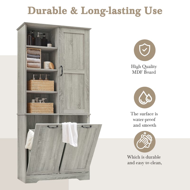 Bathroom Cabinet with Doors and Drawers,Tilt-Out Laundry Hamper,Multiple Space,Freestanding Style,Open Shelve, Adjustable Shelf