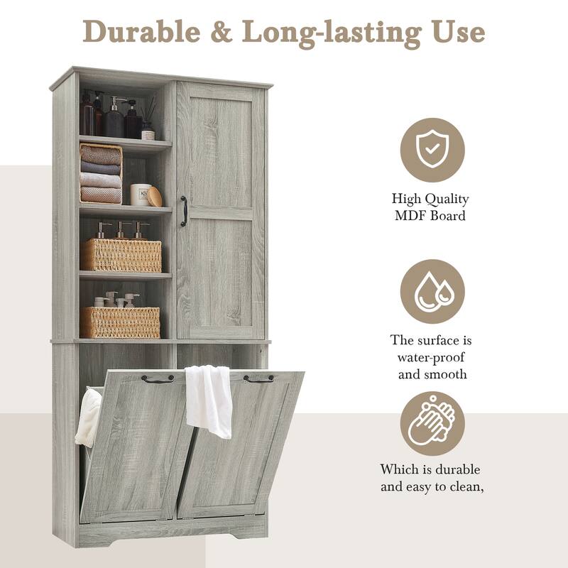 Bathroom Storage Cabinet with Doors and Drawers, Tilt-Out Laundry Hamper