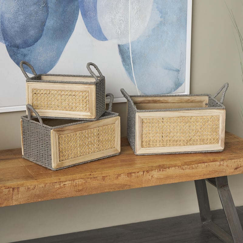 Brown Rattan Woven Decorative and Functional Storage Basket with Rope Handles (Set of 3) - Brown - S/3 14, 13, 10"W