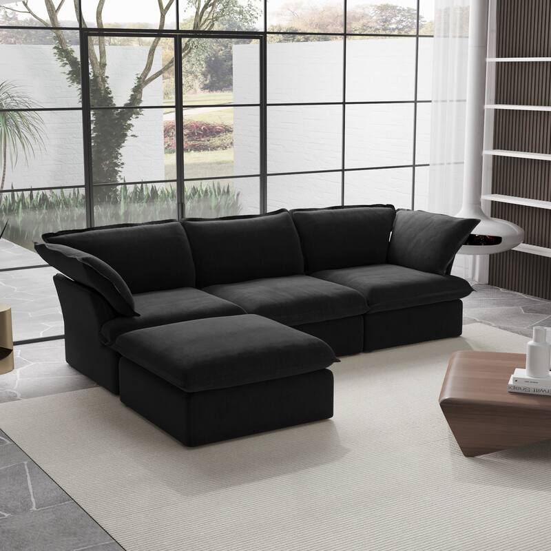 L Shaped Modern Comfy Cloud Sofa Couch, Minimalist Down-Filled Sectional Sofas Couches With Ottoman