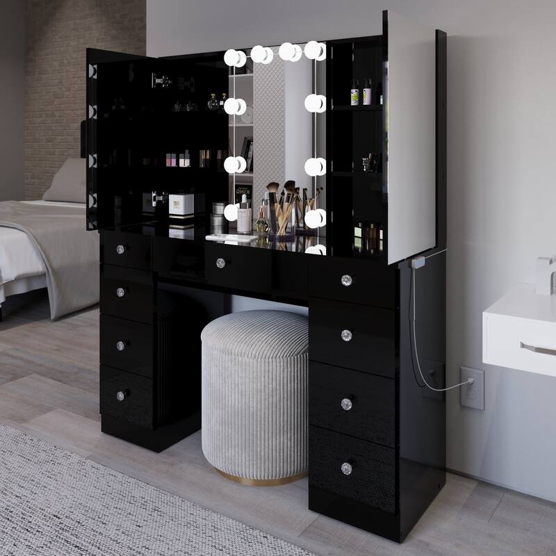 Boahaus w/Tri-Fold Lighted Makeup Vanity Desk With Glam Glass Top 9 Drawers