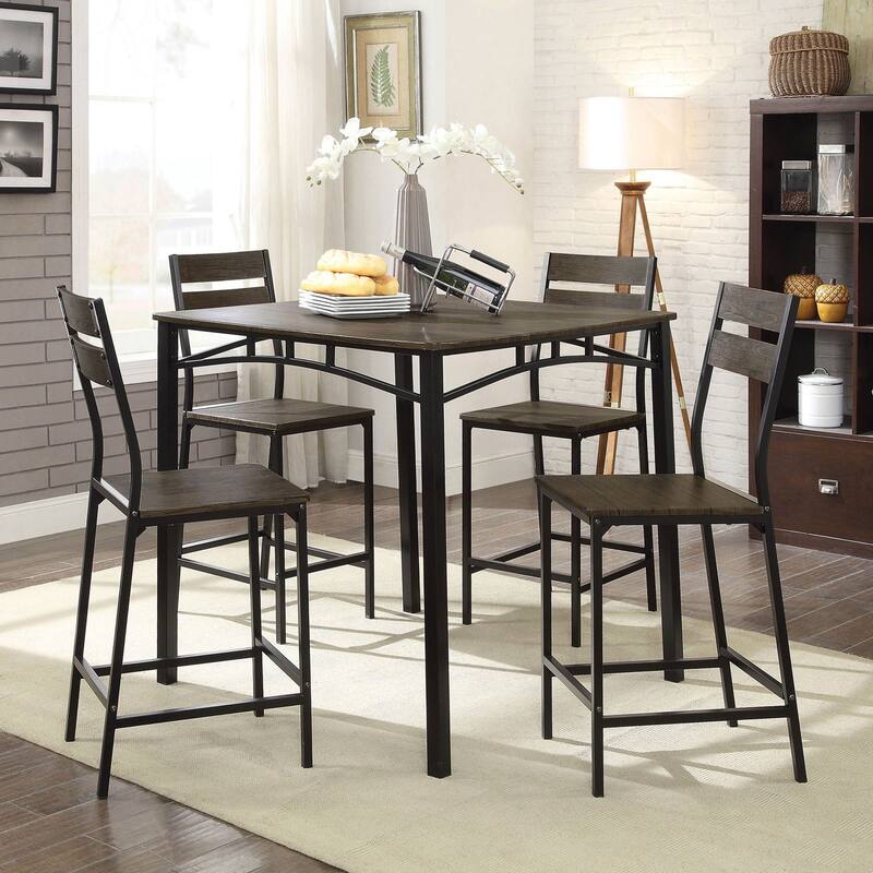 Black Metal Frame Counter Height Dining 5pc Set Wooden Set Table Top Counter Height Dining Table 4x High Chairs Dining R