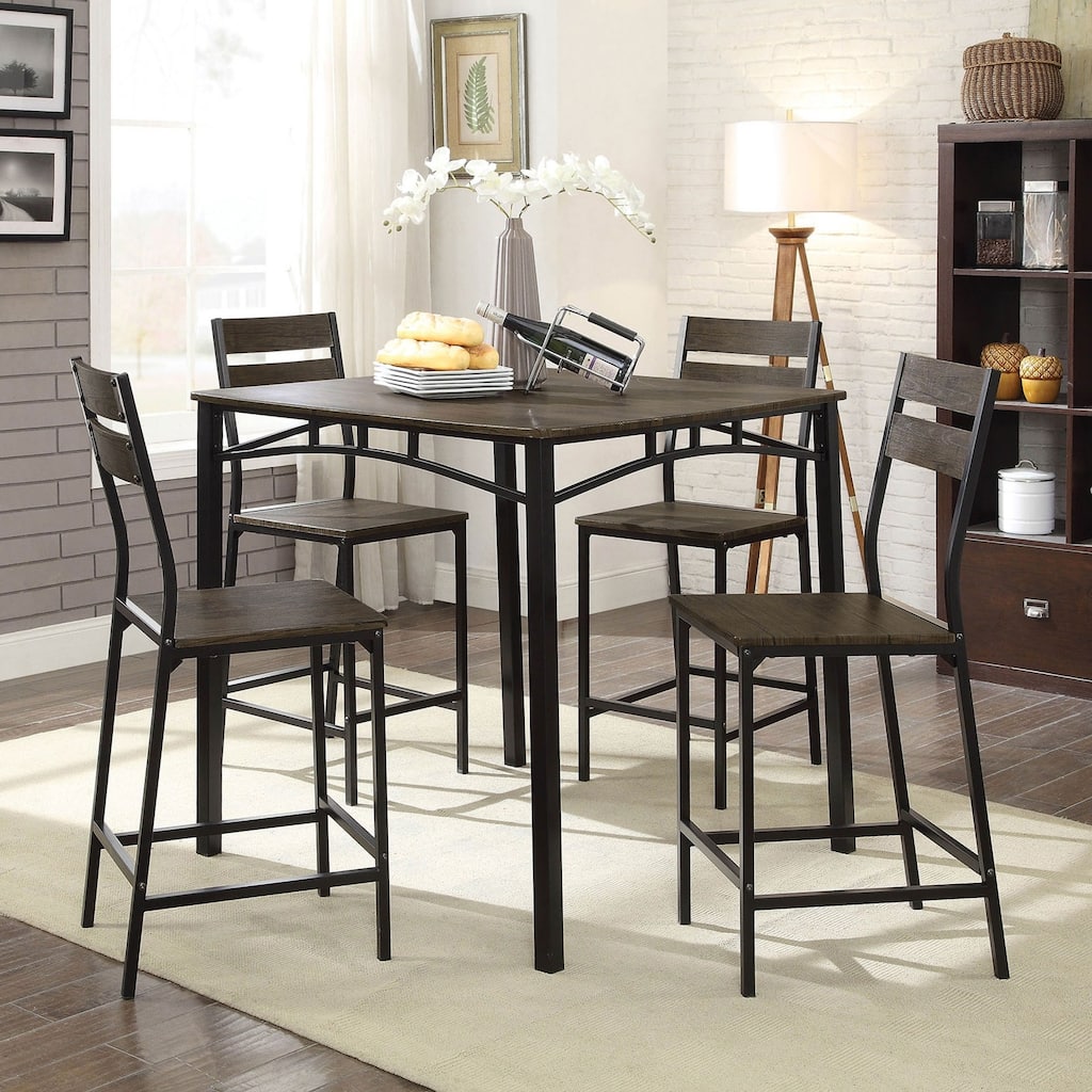 Black Metal Frame Counter Height Dining 5pc Set Wooden Set Table Top Counter Height Dining Table 4x High Chairs Dining R