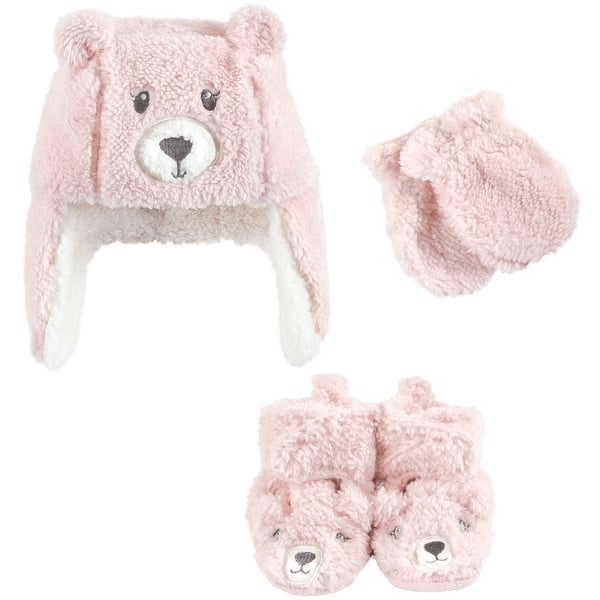 slide 1 of 1, Hudson Baby Infant Girl Trapper Hat, Mitten and Bootie Set, Pink Bear Pink Bear - 0-6 Months