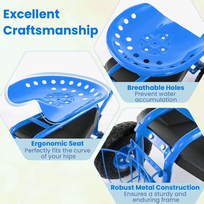 Gymax Rolling Garden Cart Scooter w/ Adjustable Seat Storage Basket