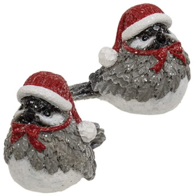 Frosted Resin Birds with Knit Hats & Scarves 2 Asstd. - 2” x 3.50” x 3” - Grey-White-Red