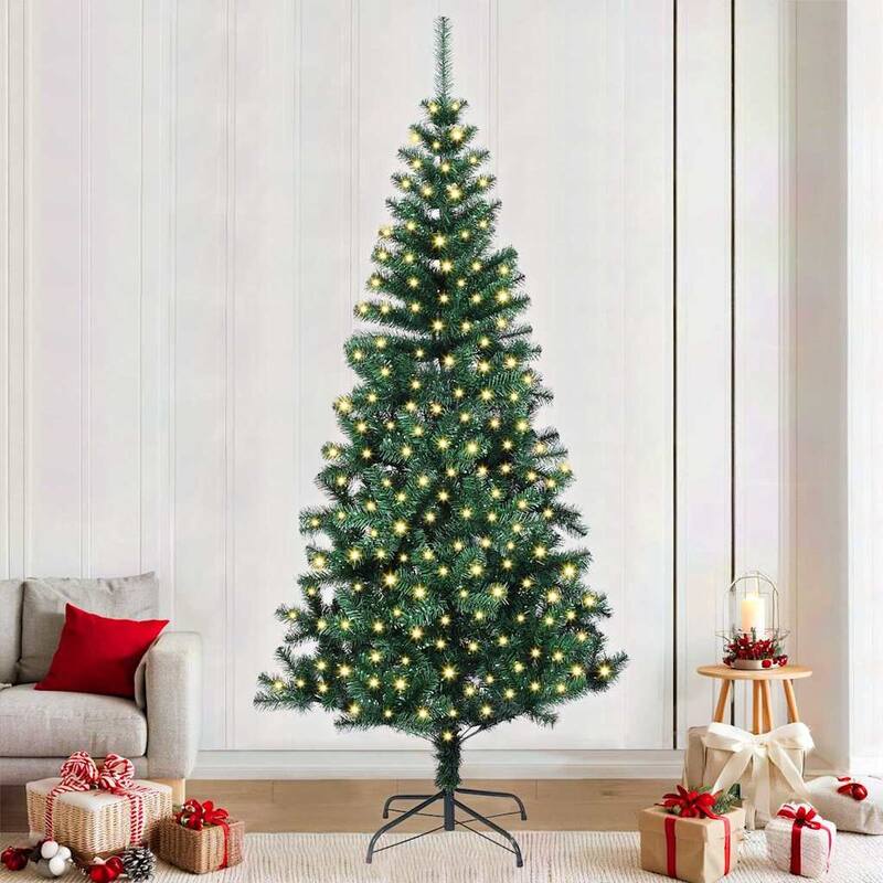 vidaXL Artificial Pre-lit Christmas Tree Green PVC and Metal - Green with leds - 8 Foot
