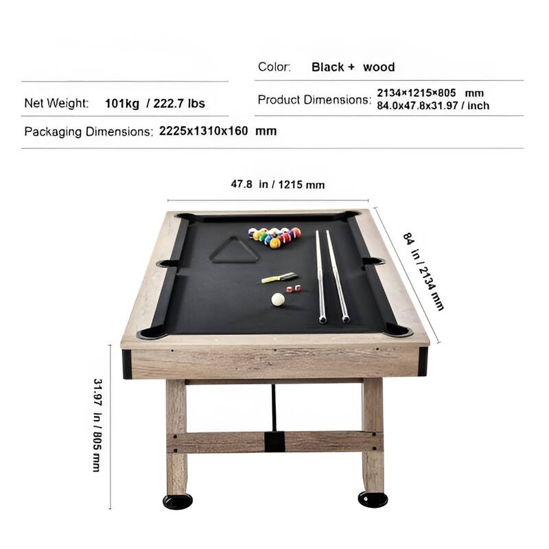 Black Wood MDF Billiards Pool Table with Metal Corners and Full Accessories - 84” Lx 47.8” W x 31.7” H