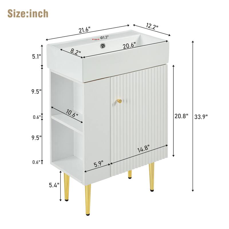 21.6" White Bathroom vanity Cabinet with Single Vessel Sink,Left Side Storage