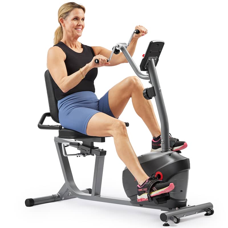Sunny Health & Fitness Smart Magnetic Recumbent Bike w/ Hand Cycle - SF-RB423034 - Grey - 55.9L x 26.4W x 46.1H - Grey - 55.9L x 26.4W x 46.1H - Weights