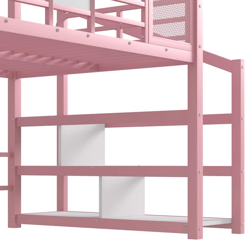 Fun Play House-shaped Loft Bed Metal Bed Frame with Grid and Shelves