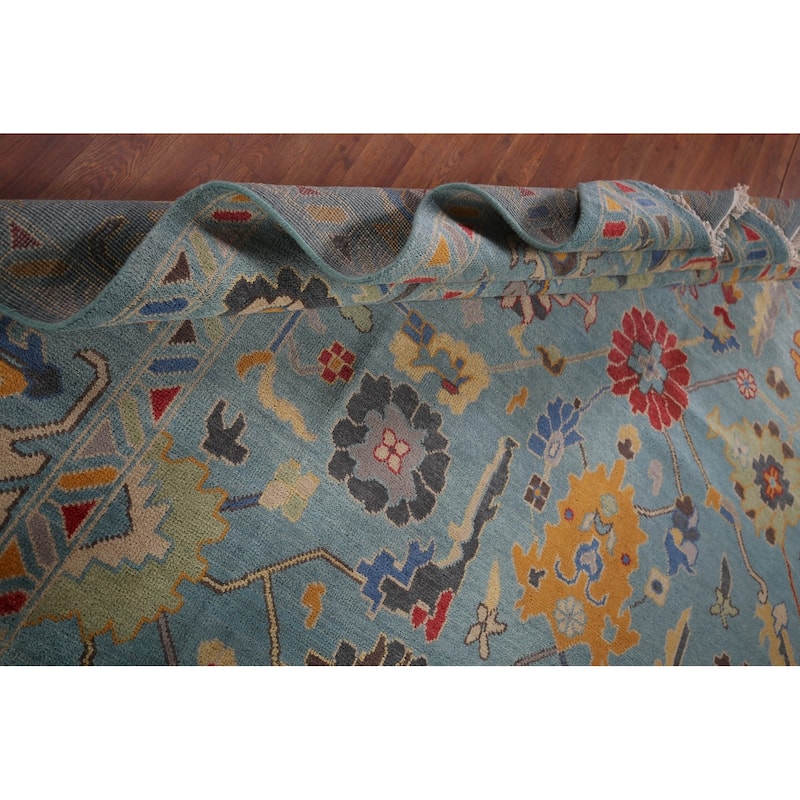 Light Blue Oushak Indian Area Rug Hand-Knotted Floral Wool Carpet - 8'11"x 11'11"