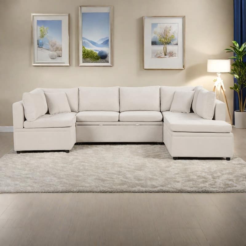 117.3" Chenille U-Shaped Sectional Sofa Bed with 2 Throw Pillows - Beige