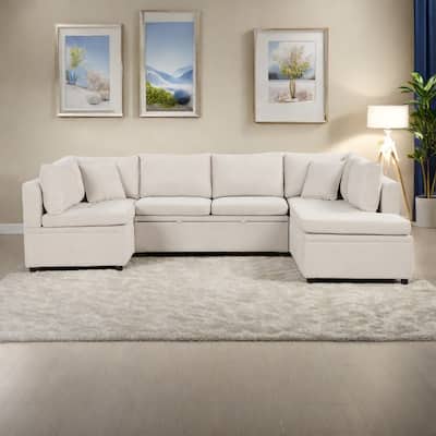 117.3" Chenille U-Shaped Sectional Sofa Bed with 2 Throw Pillows