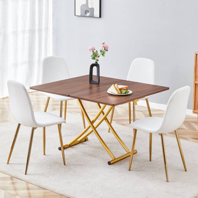 Multi-Functional Lift Table Coffee Table Bar Table, Dining Table & Chairs Set with Linen Dining Chairs - Golden White
