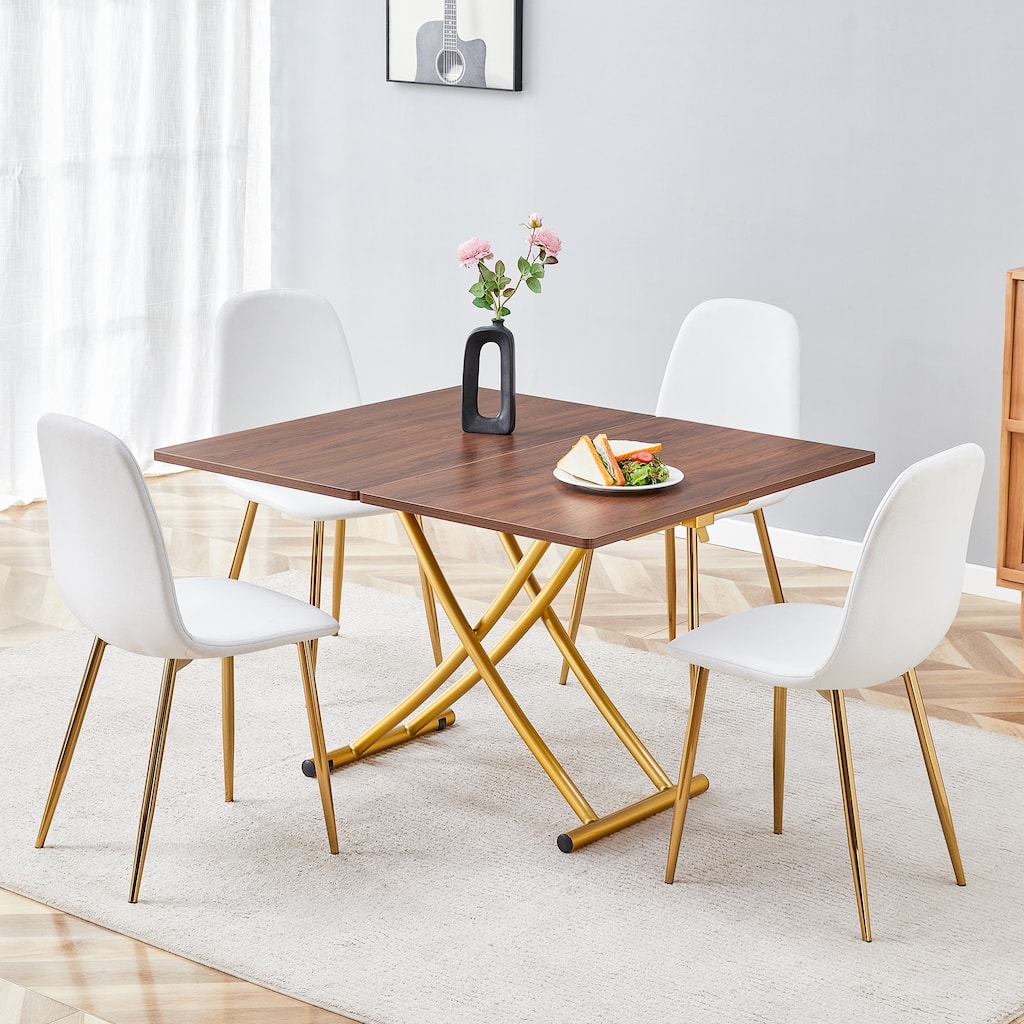 Multi-Functional Lift Table Coffee Table Bar Table, Dining Table & Chairs Set with Linen Dining Chairs