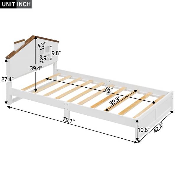 dimension image slide 3 of 4, Bedroom Solid Wood Platform Bed House-Shaped Headboard Walnut Roof with LED Window Bed Frame Platform No Box Spring Needed