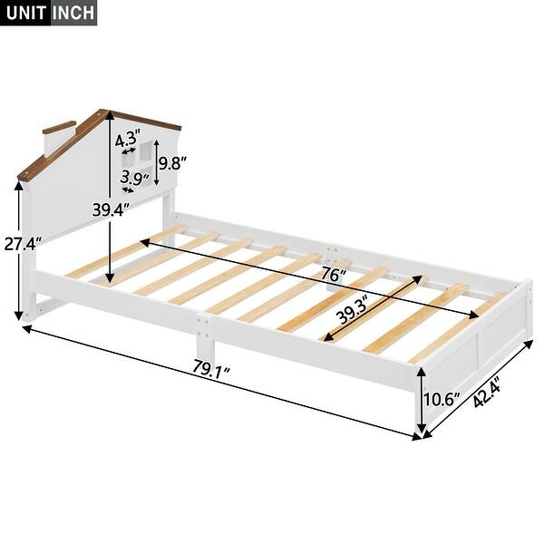 Twin Bed Frame Headboard with LED Window, Chimney - White