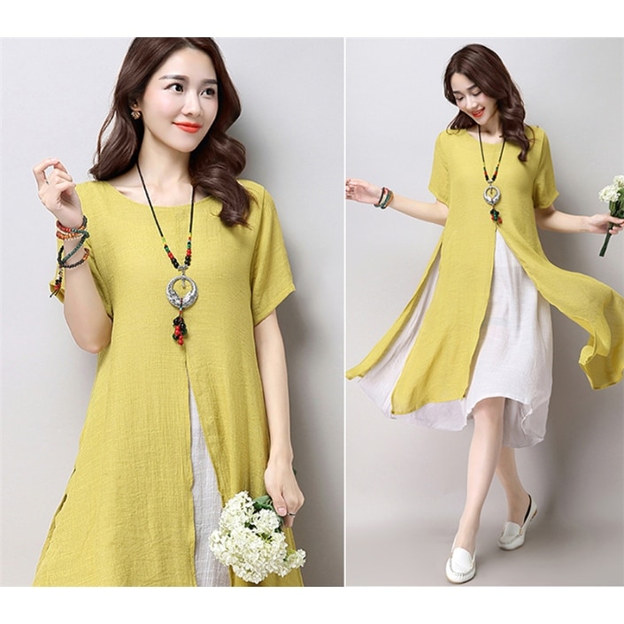 Shop Fashion Asian Style Layered Multi Slit Linen Tunic Dress
