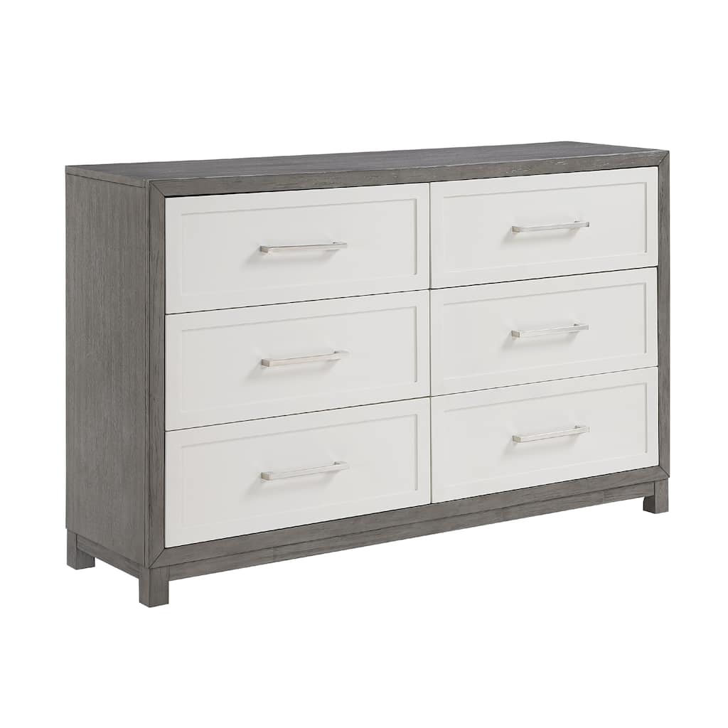 Rowy 61 Inch Dresser, 6 Drawer Bar Handles, Ivory and Gray Veneer