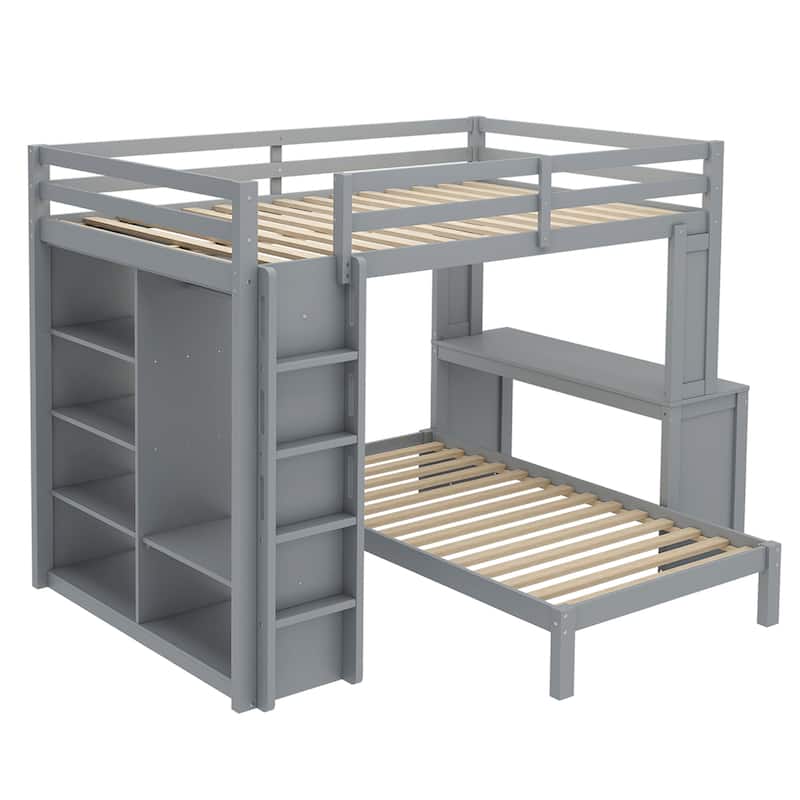 Queen Size Loft Bed & Twin Size Platform Bed Set, Wood Bunk Bed with Built-in Desk, Open Shelves and Wardrobe, Queen Over Twin