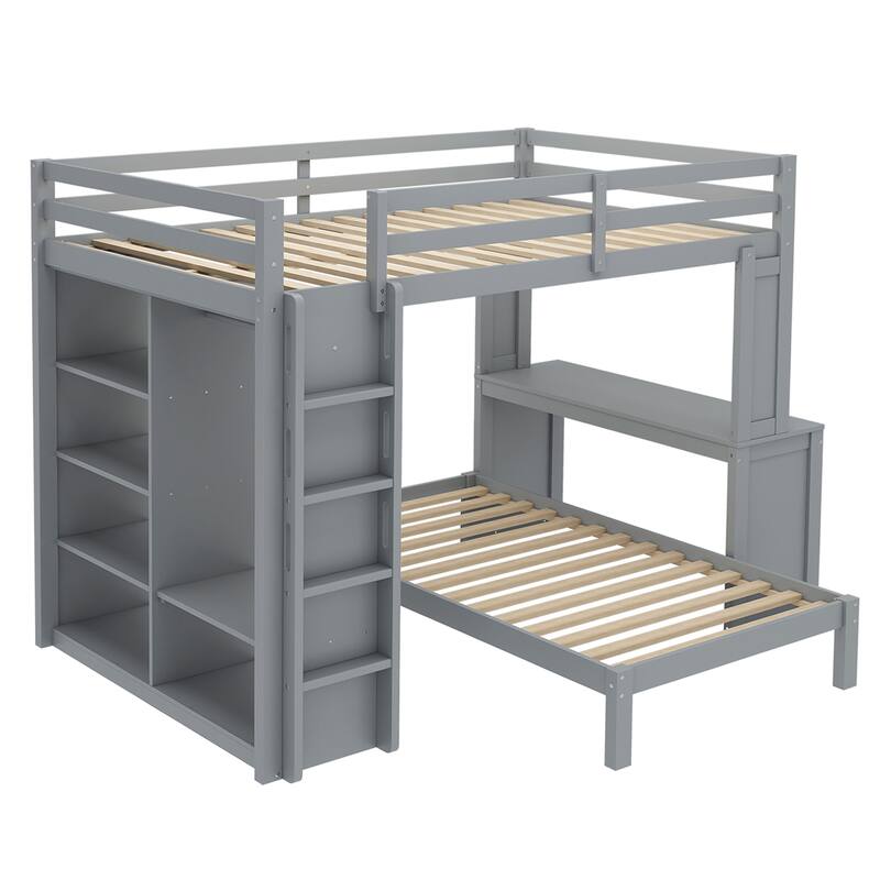 Roomfitters Full/Queen Solid Wood Bunk Bed with Dismountable Lower Bed, Desk, Shelves & Wardrobe, Convertible Loft
