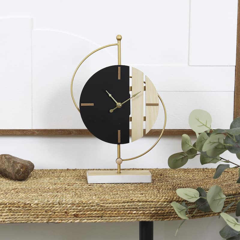 Wooden Geometric Two-Toned Decorative Clock with Wood Accents and Gold Semicircle Frame - Black - CosmoLiving by Cosmopolitan