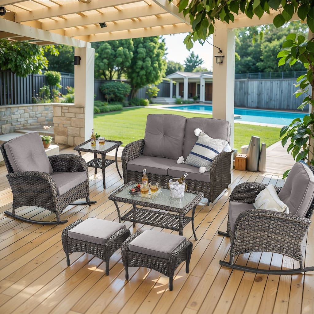 Outdoor Glider Sofa Rocker Chairs Ottomans Set Brown-Grey - Brown