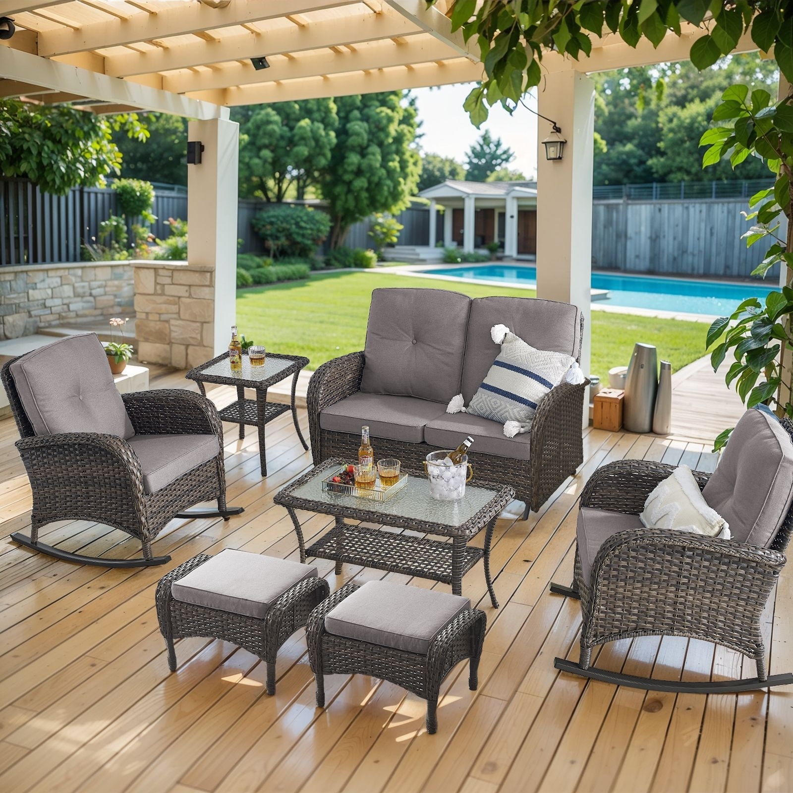 Outdoor Glider Sofa Rocker Chairs Ottomans Set Brown-Grey - Brown