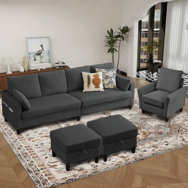 101"Corduroy 3 Piece Living Room Set Including 4 Seater Sofa ,2 Storage Ottoman and Chair - Dark Grey