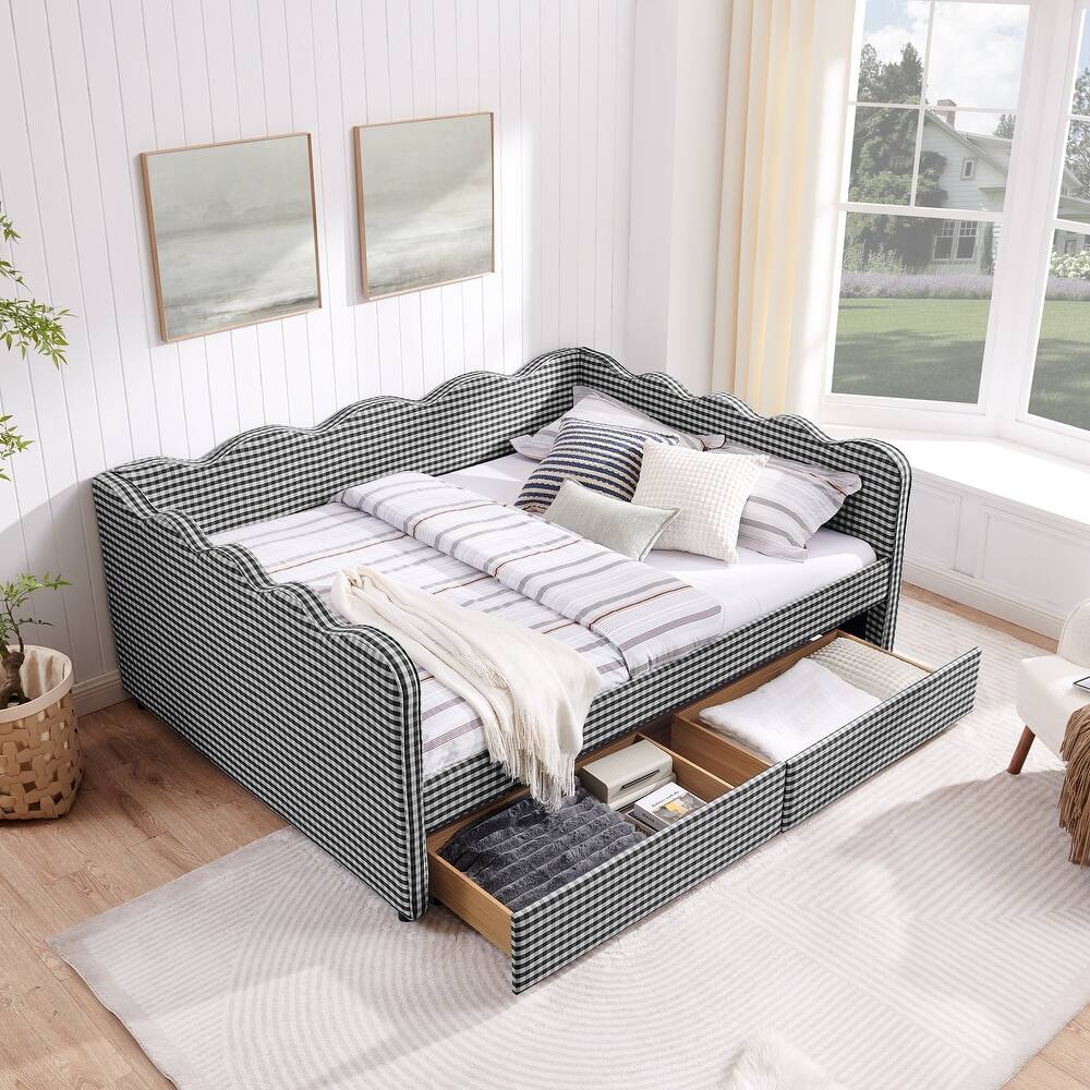 Full/Queen Gingham Daybed with 2 Storage Drawers, USB Port & Wave Shaped Linen Fabric