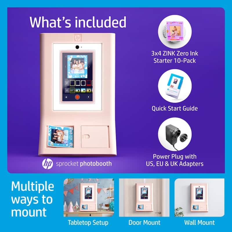 HP Sprocket Photobooth 3" x 4" Color Photo Printer with Touch Screen, LED Ring Light, Wi-Fi - Pink