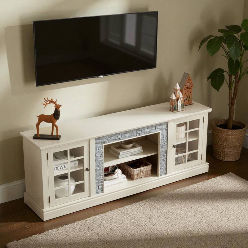 70'' Modern TV Stand for 75'' TV, Faux Stone Media Console with Cabinets, Cable Management & Adjustable Shelves