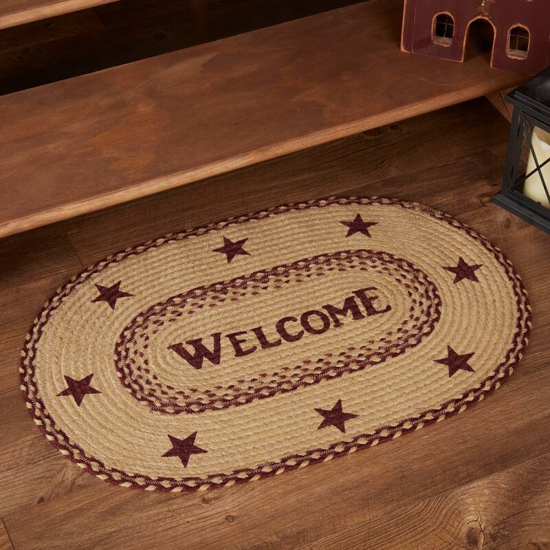 Burgundy Tan Jute Rug Oval Welcome w/ Pad 20x30 - 20" x 30" Oval - 20" x 30" Oval - Red
