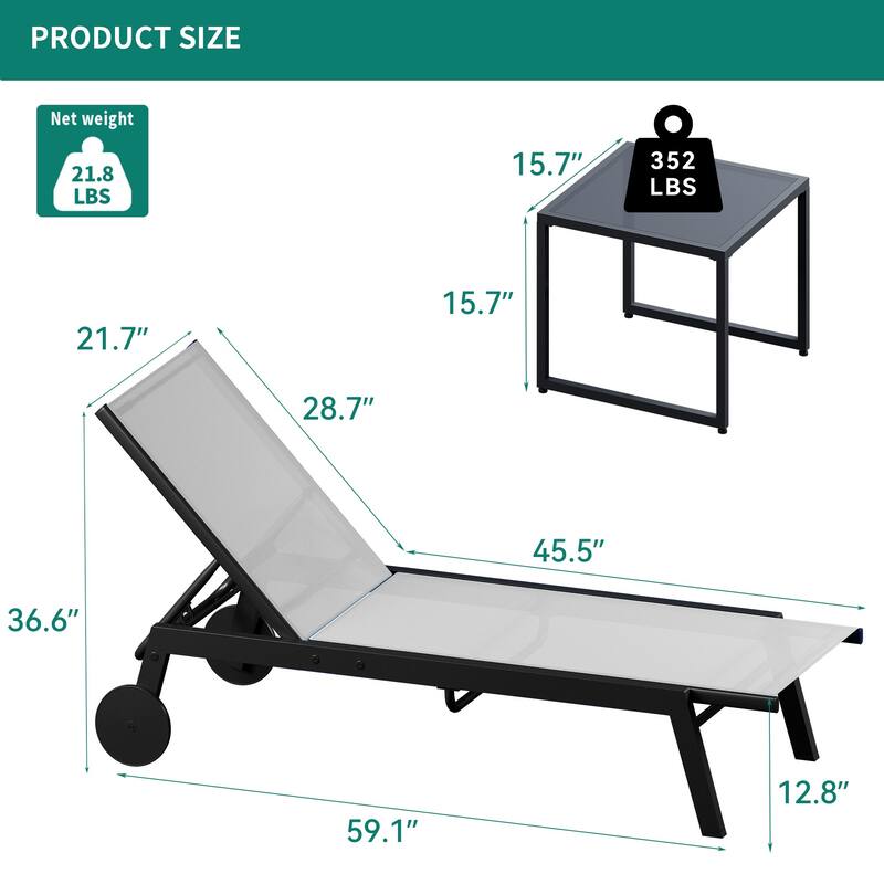 Outdoor Metal Chaise Lounge - Set of 2 with Table - N/A