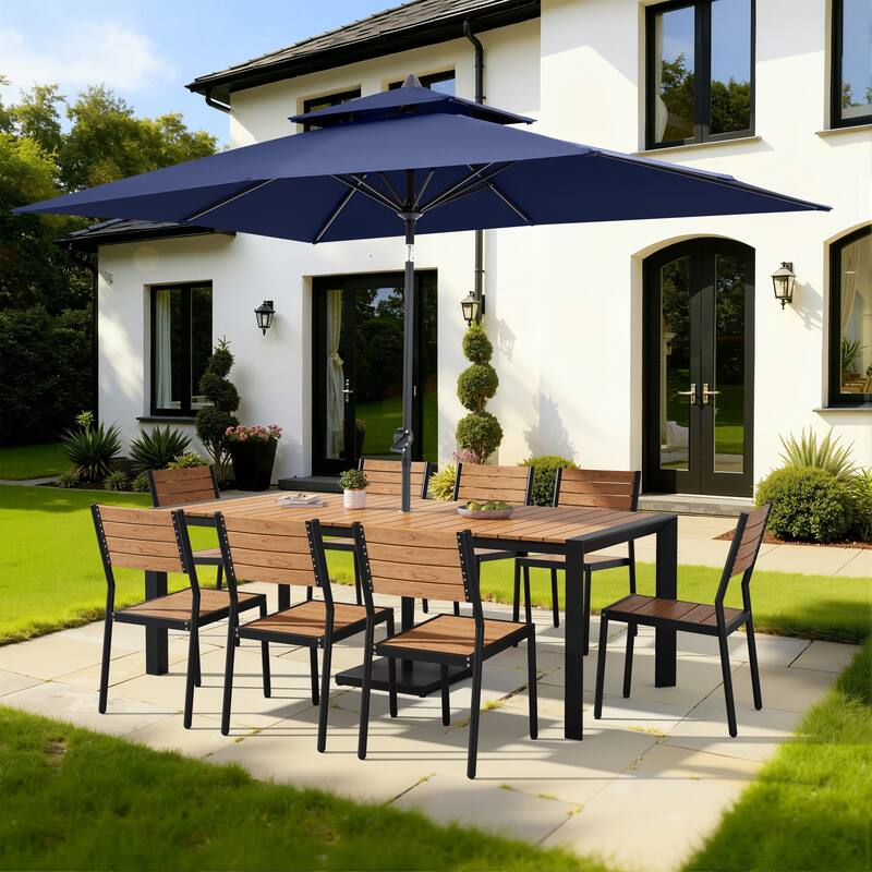 9/11-Piece Outdoor Dining Set w/10 ft Umbrella and Base Aluminum Dining Table and Stackable Chairs - Set of 11 - Brown Table with Navy Blue Umbrella
