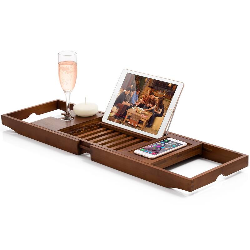 Bambusi Bathtub Caddy Tray with Extending Sides, Reading Stand, Wine Holder and Cellphone Tray - Brown