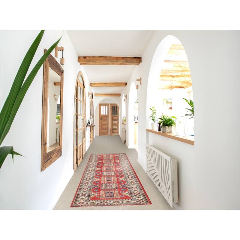 Geometric Kazak Runner Rug Hand-Knotted Wool Carpet - 2'8" x 10'1"