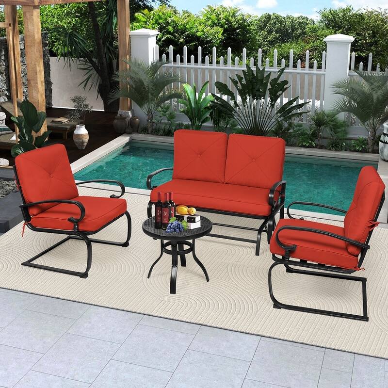 4-Piece Outdoor Patio Glider Loveseat and Rocker Conversation Set with Cushions