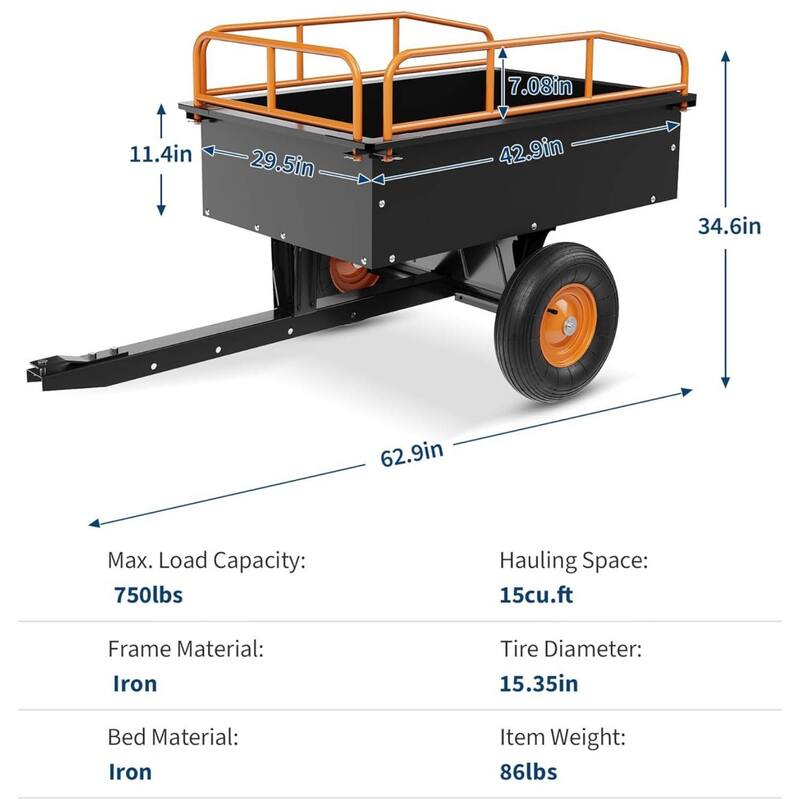 Heavy-Duty 750 LBS Capacity Dump Cart, Steel Trailer for Garden, Yard & Towing Behind Lawn Mower