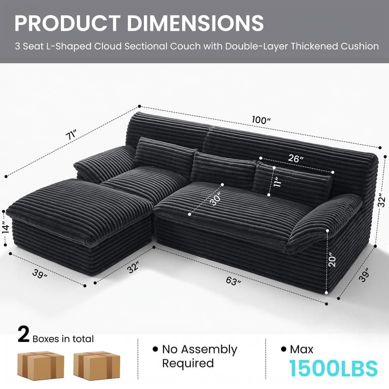 100" L-Shaped Cloud Sectional Couch With Double-Layer Thickened Deep Seat