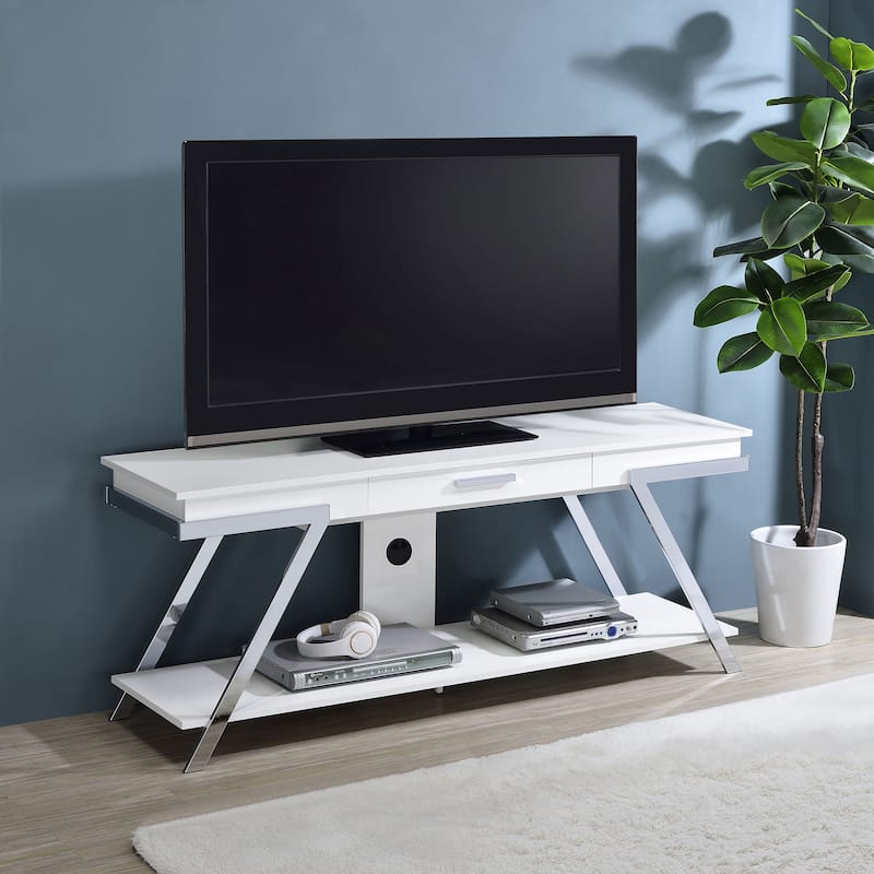 Marcia 1-Drawer Wood 60" TV Stand White High Gloss And Chrome