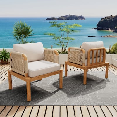 Outdoor Acacia Wood and Rope Club Chair with Cushions (Set of 2)