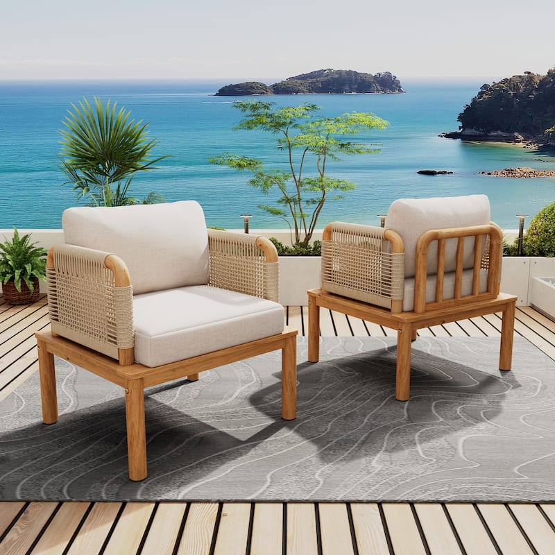 Roomfitters Outdoor Acacia Wood and Rope Club Chairs with Cushions, Teak+Beige - Teak+ Beige (Set of2)